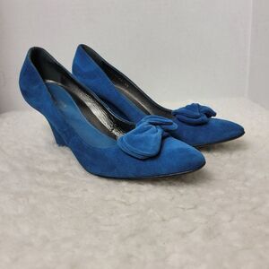 Sergio Rossi Women's Block Heel Shoes Size 7.5 Blue Suede Bow Accent